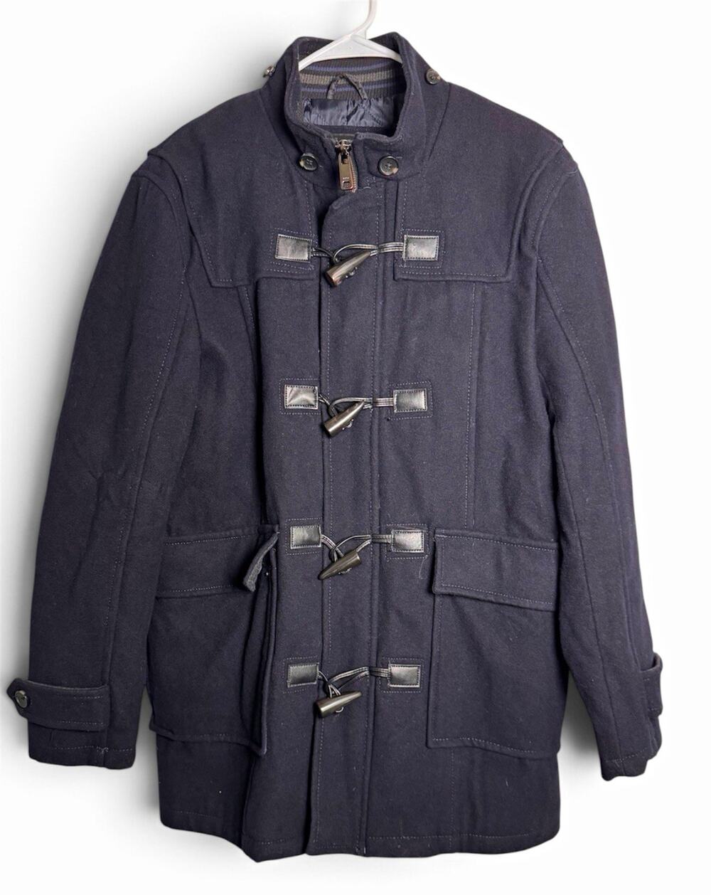 Zara Men's Navy Wool Duffle Coat Toggle Zip Quilted Lined Mid-Length Size M